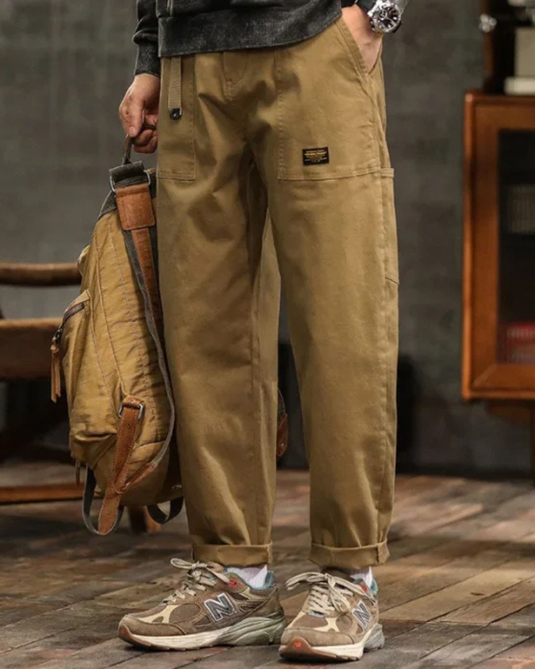 Men's Long Cargo Pants with Front Patch Pockets and Belt Loops