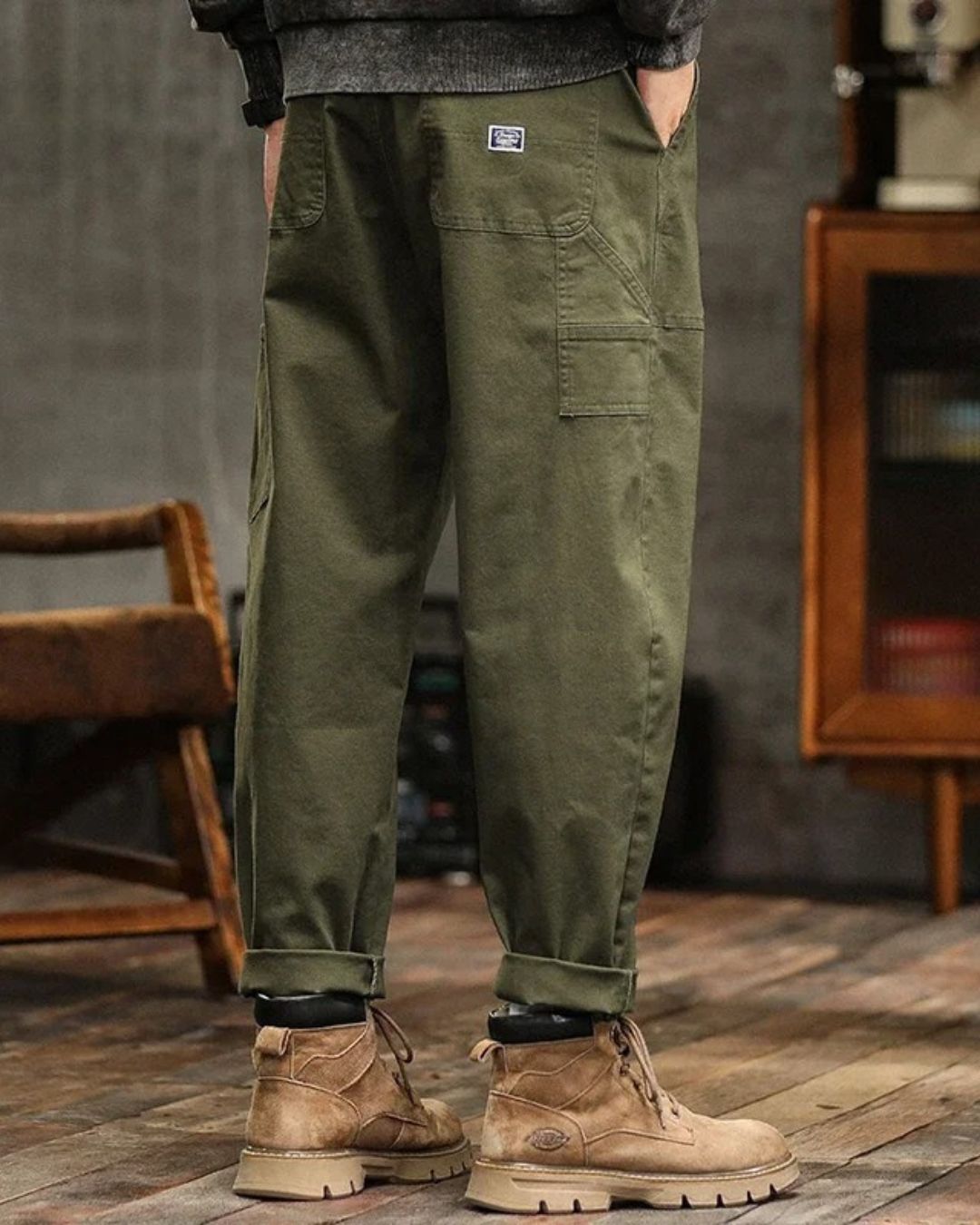 Men's Long Cargo Pants with Front Patch Pockets and Belt Loops
