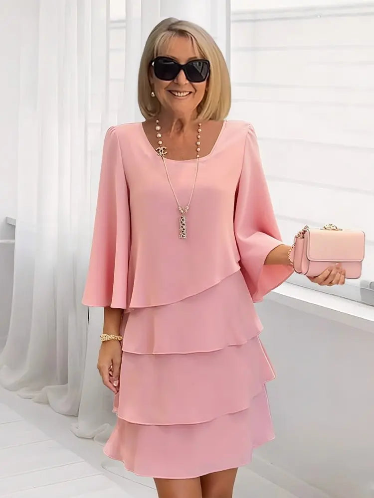 Catherine | Women's Layered Ruffle Round Neck Midi Dress