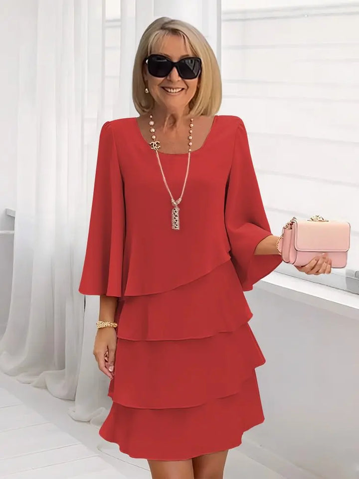 Catherine | Women's Layered Ruffle Round Neck Midi Dress