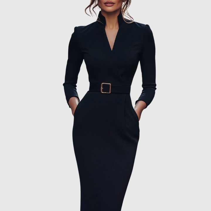 Claribel | Women's Mock Wrap Belted Pencil Midi Dress