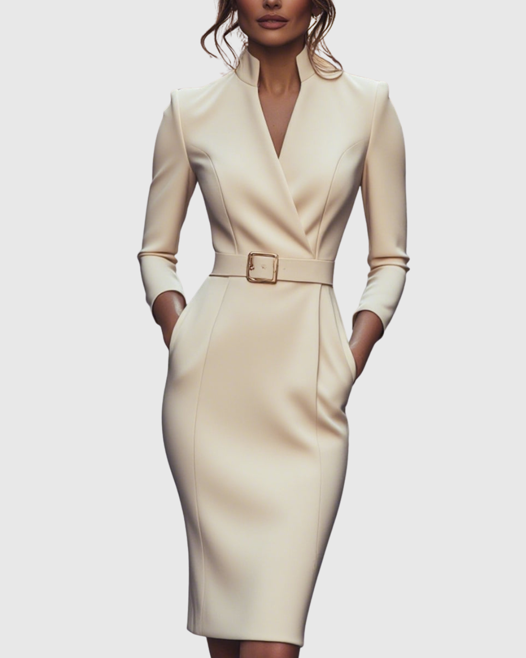 Claribel | Women's Mock Wrap Belted Pencil Midi Dress