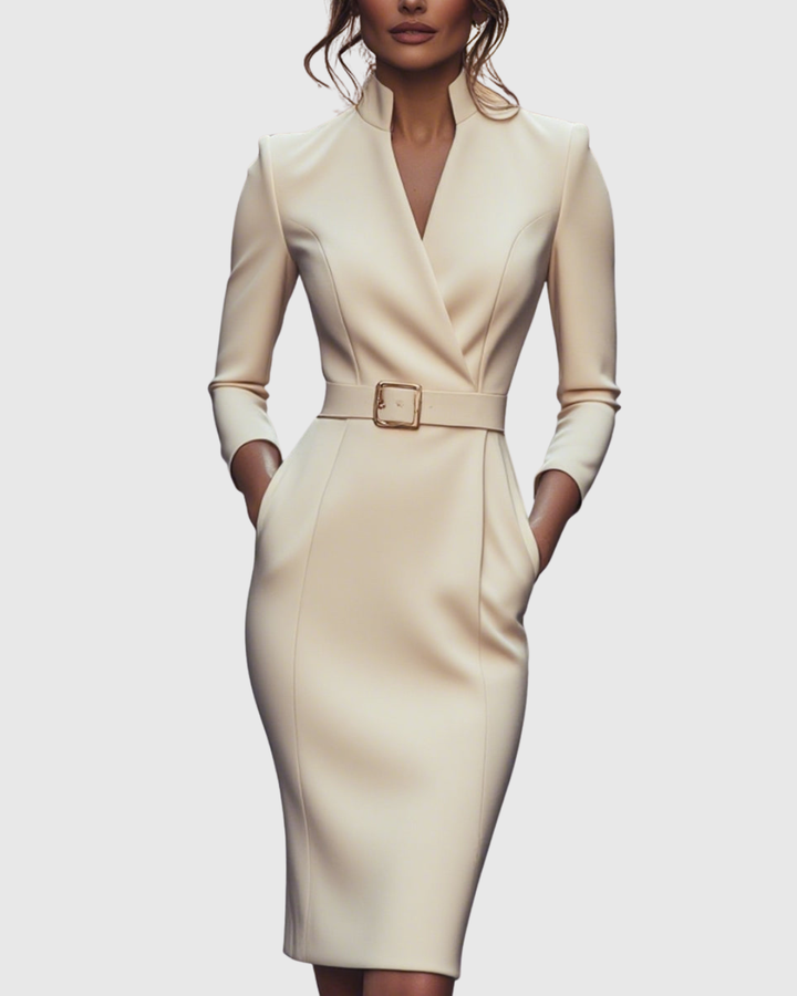 Claribel | Women's Mock Wrap Belted Pencil Midi Dress