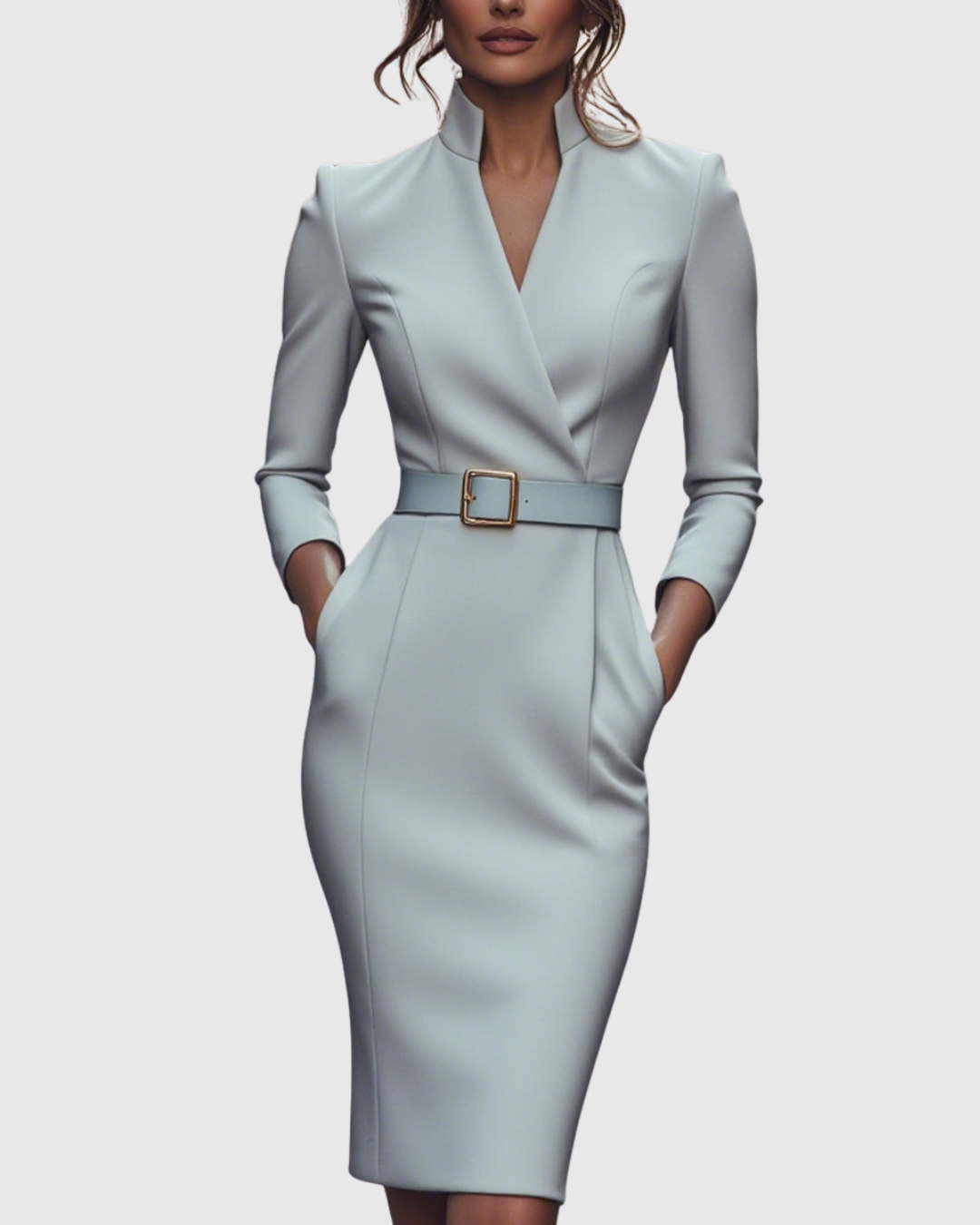 Claribel | Women's Mock Wrap Belted Pencil Midi Dress