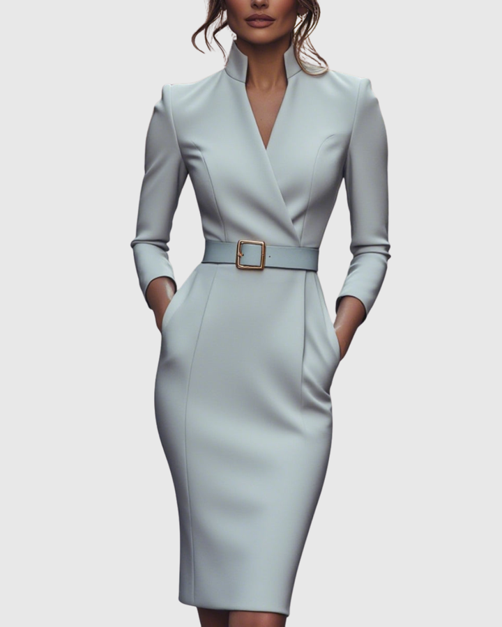 Claribel | Women's Mock Wrap Belted Pencil Midi Dress