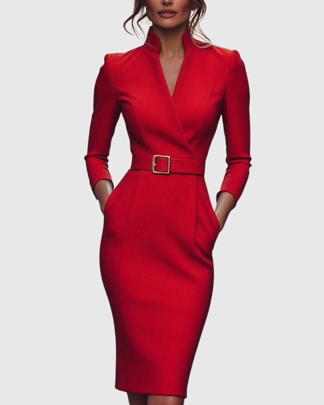 Claribel | Women's Mock Wrap Belted Pencil Midi Dress