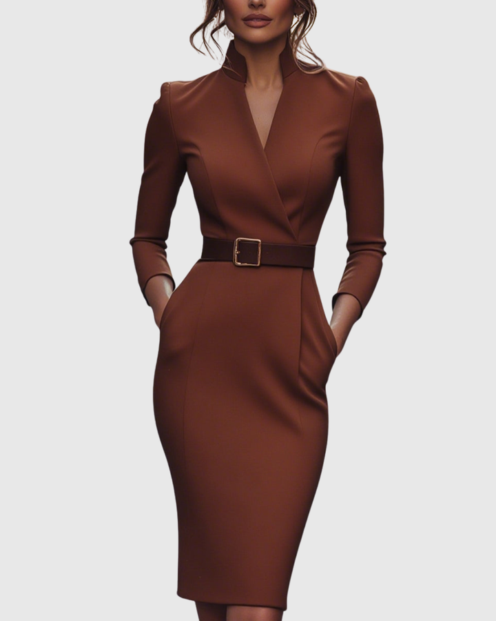 Claribel | Women's Mock Wrap Belted Pencil Midi Dress