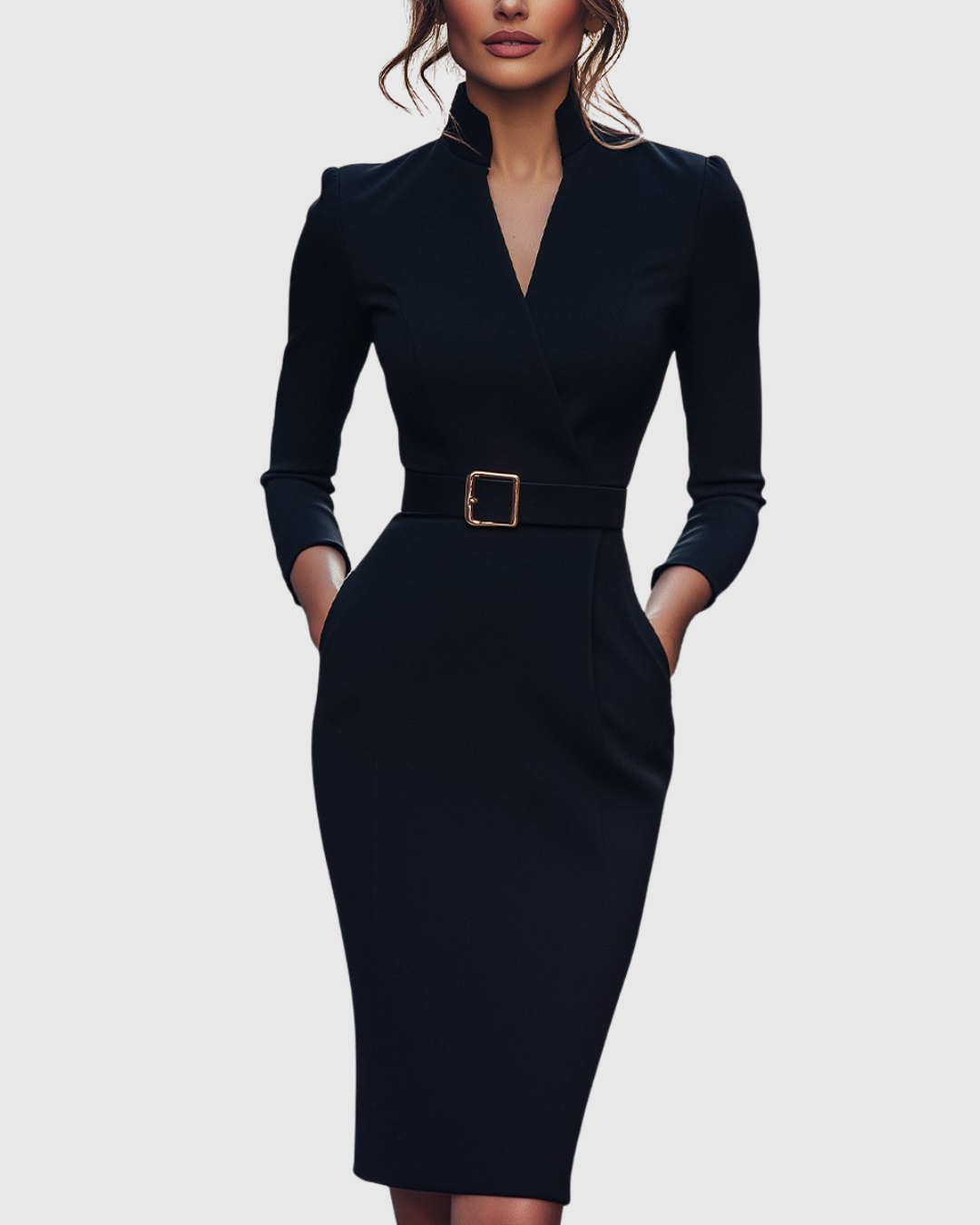 Claribel | Women's Mock Wrap Belted Pencil Midi Dress