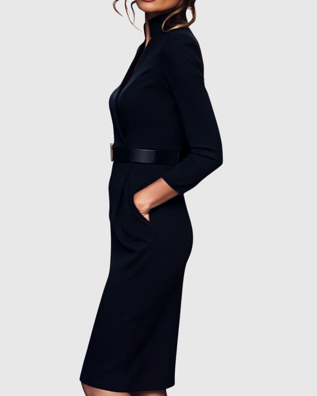 Claribel | Women's Mock Wrap Belted Pencil Midi Dress