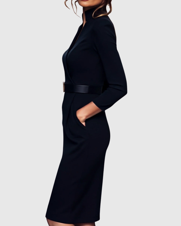 Claribel | Women's Mock Wrap Belted Pencil Midi Dress