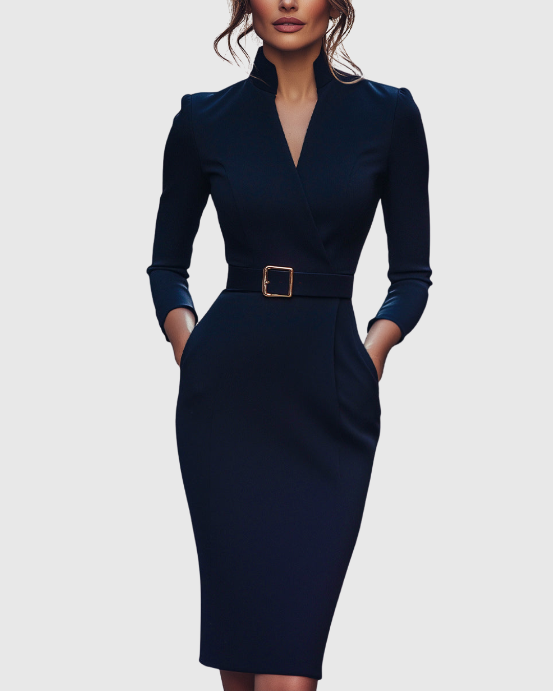 Claribel | Women's Mock Wrap Belted Pencil Midi Dress