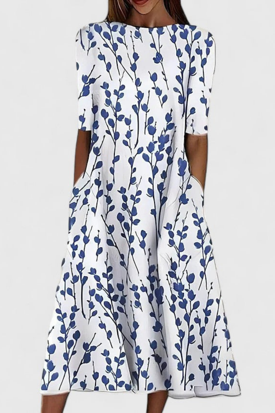Clementine | Women's Botanical Cotton Round-Neck Pocket Midi Dress