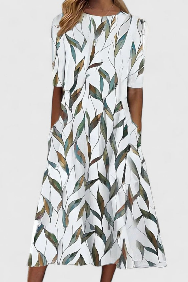 Clementine | Women's Botanical Cotton Round-Neck Pocket Midi Dress