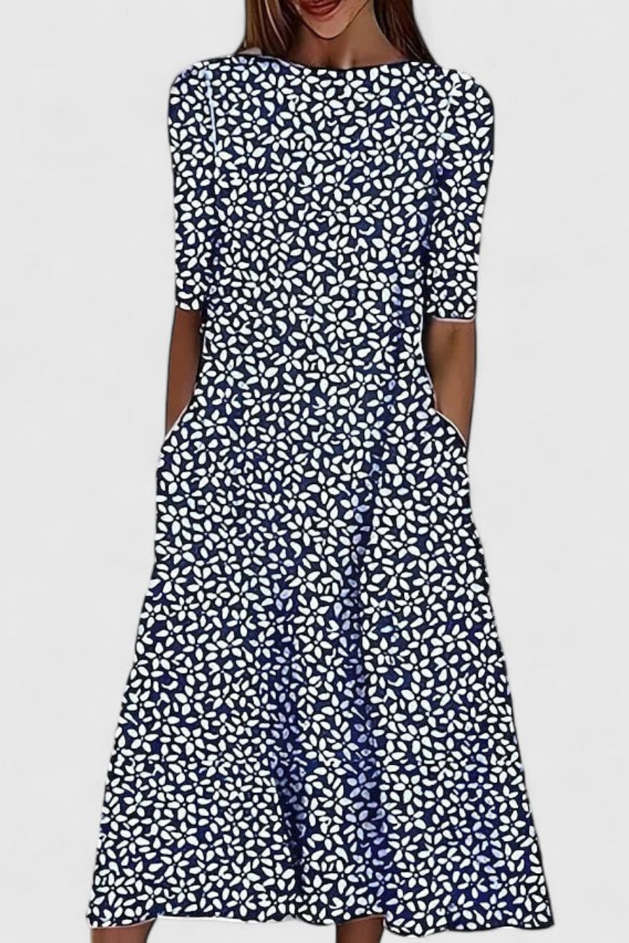 Clementine | Women's Botanical Cotton Round-Neck Pocket Midi Dress