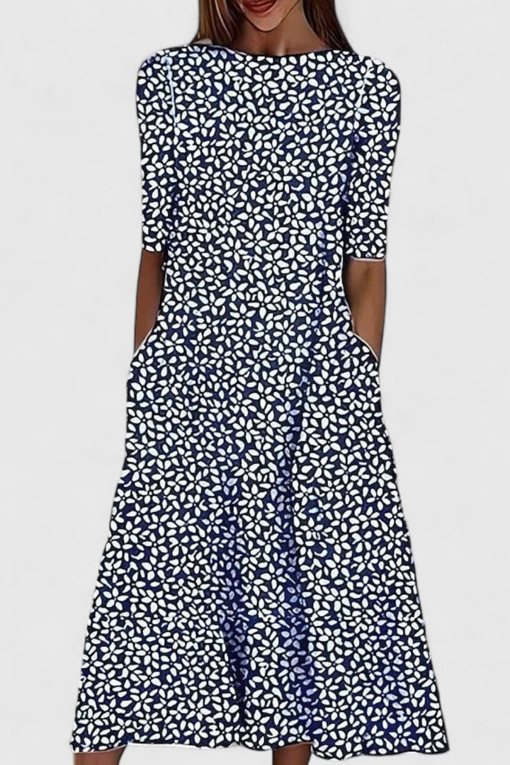 Clementine | Women's Botanical Cotton Round-Neck Pocket Midi Dress