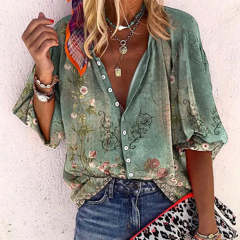 Clementine | Women's Vintage Bohemian Floral Puff-Sleeve Blouse