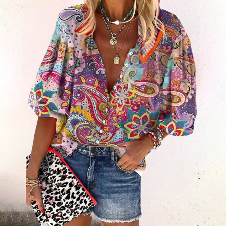 Clementine | Women's Vintage Bohemian Floral Puff-Sleeve Blouse