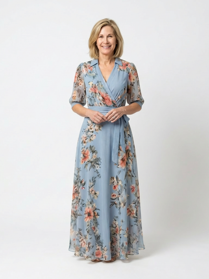 Cordelia | Women's Floral Wrap V-Neck Tie-Waist Maxi Dress
