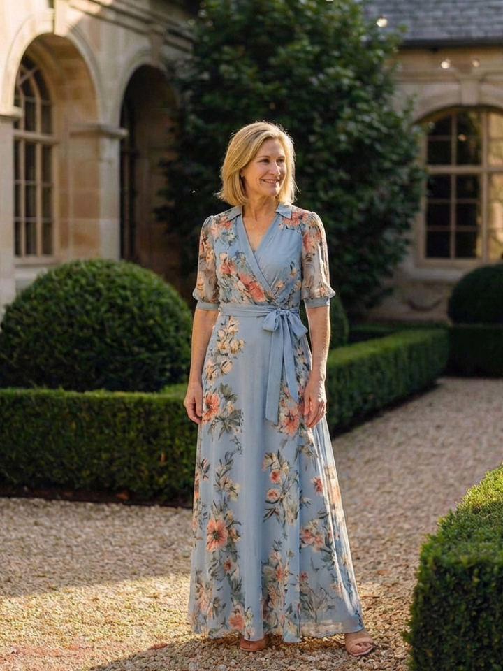 Cordelia | Women's Floral Wrap V-Neck Tie-Waist Maxi Dress
