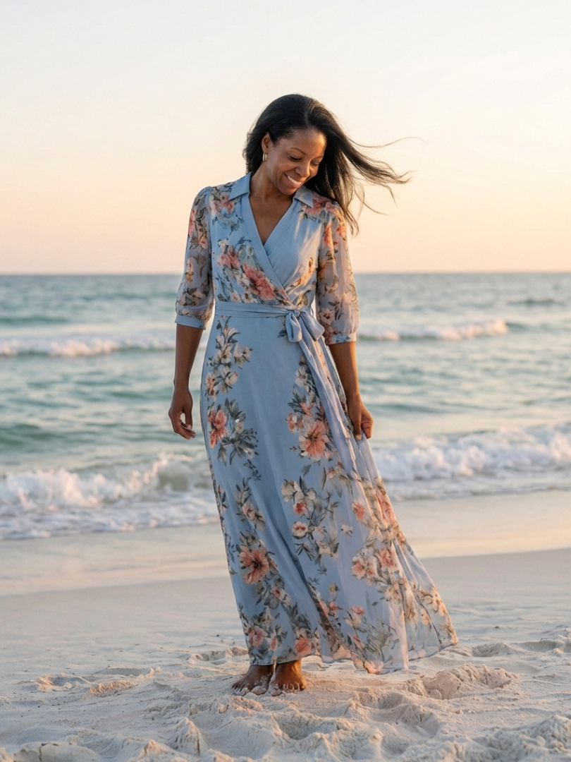 Cordelia | Women's Floral Wrap V-Neck Tie-Waist Maxi Dress