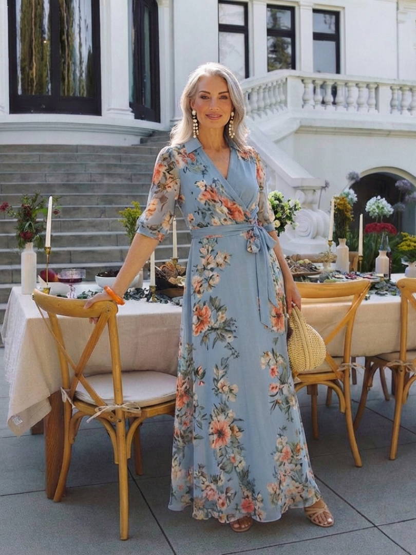 Cordelia | Women's Floral Wrap V-Neck Tie-Waist Maxi Dress