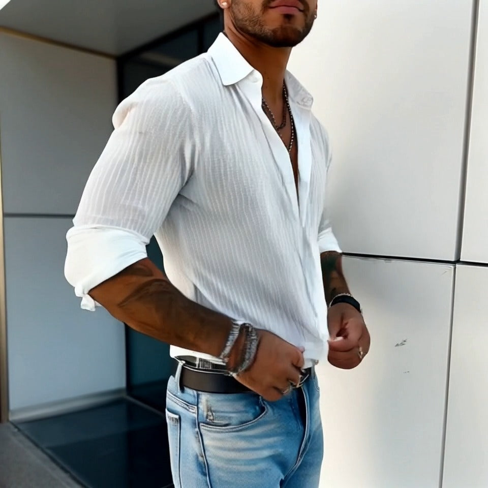 Cullen | Men's Striped Faux Two-Piece Linen Blend Shirt