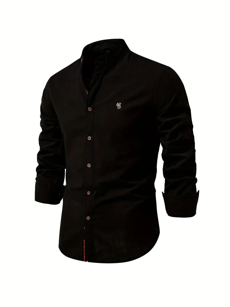 Men's Long Sleeve Button-Front Shirt with Band Collar and Chest Emblem