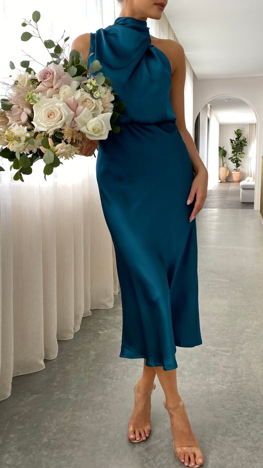 Women's Midi Dress with High Neck and Draping