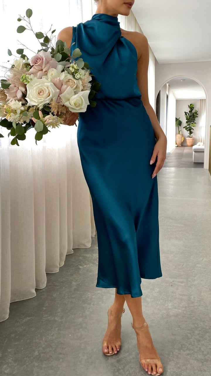 Women's Midi Dress with High Neck and Draping