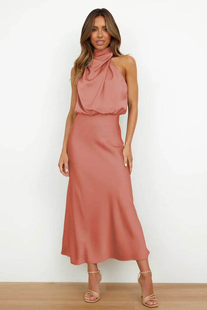 Women's Midi Dress with High Neck and Draping