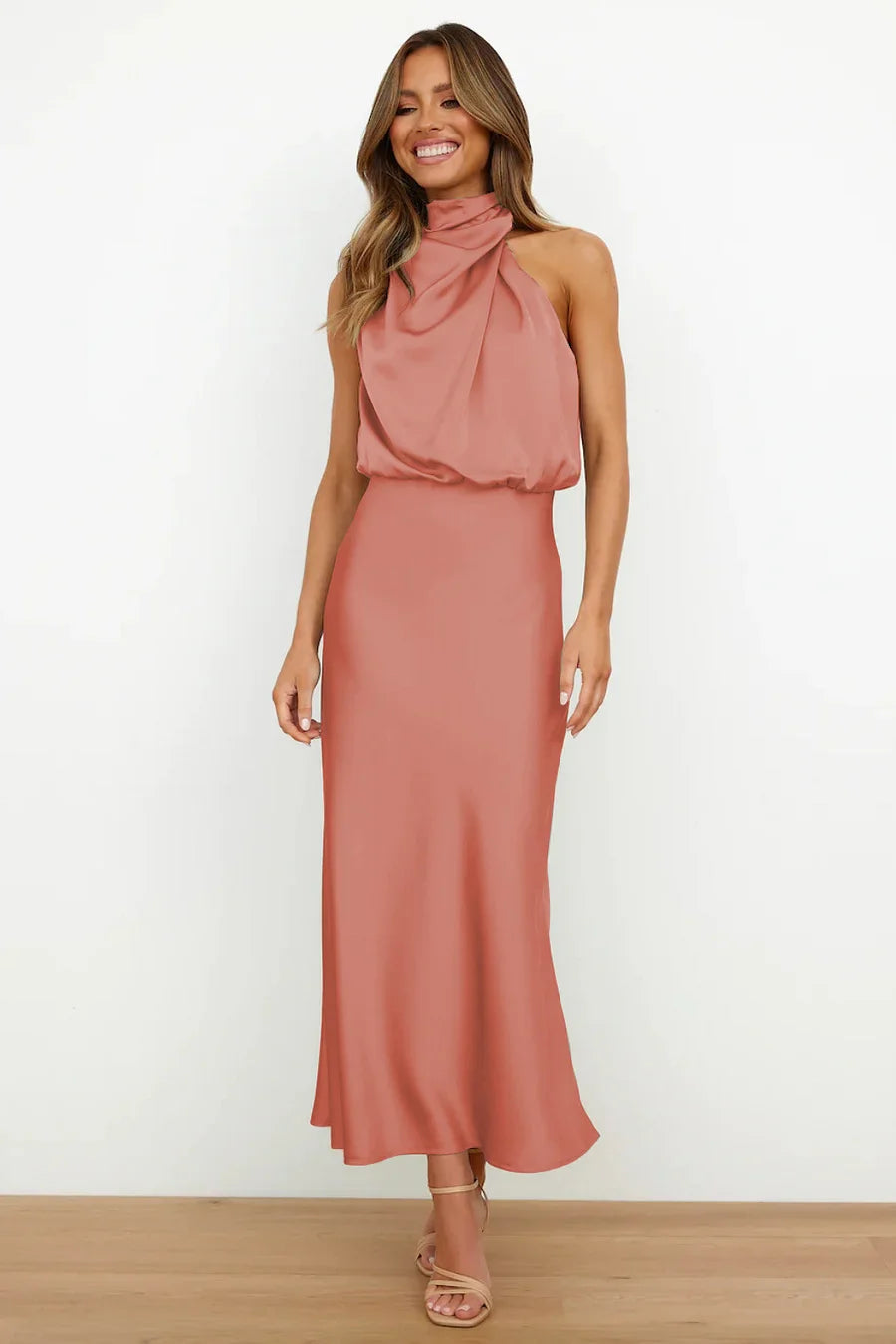Women's Midi Dress with High Neck and Draping