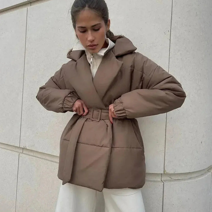 Women's Quilted Puffer Jacket with Belt and Ribbed Cuffs