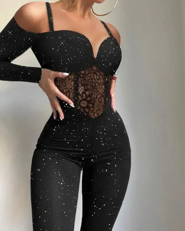 Women's Glitter Jumpsuit with Heart Neckline and Cold Shoulders