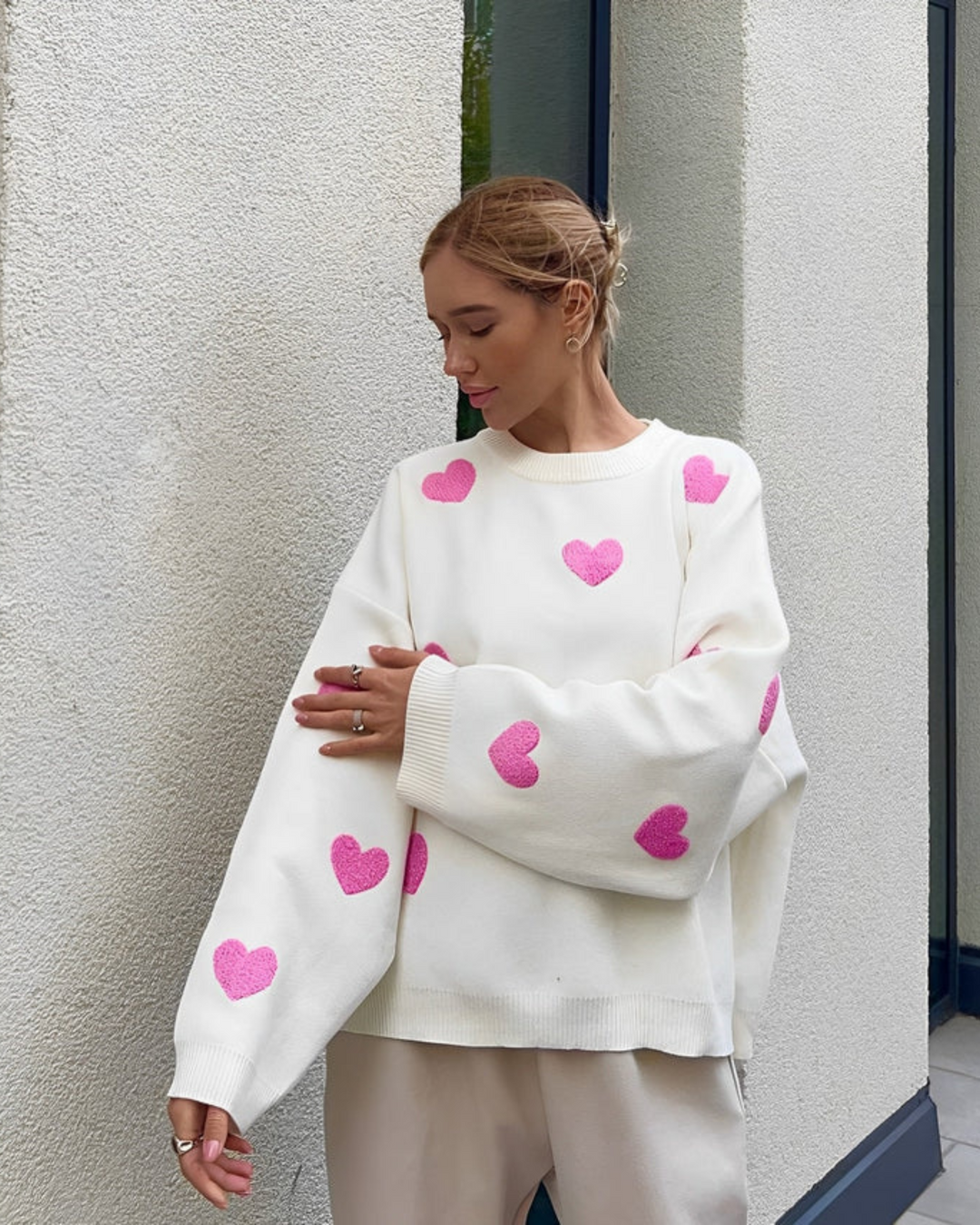 Women's Sweater with Heart Appliqués and Round Neckline