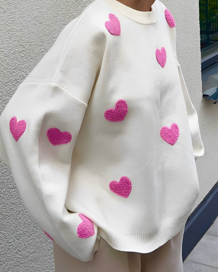 Women's Sweater with Heart Appliqués and Round Neckline