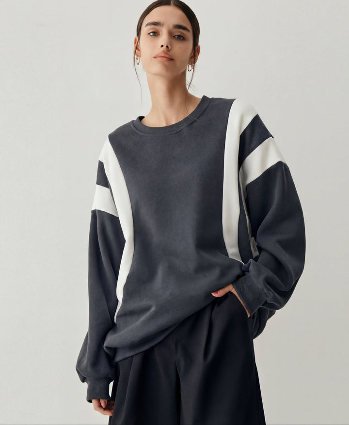 Women's Sweater with Round Neck and Stripe Sleeves