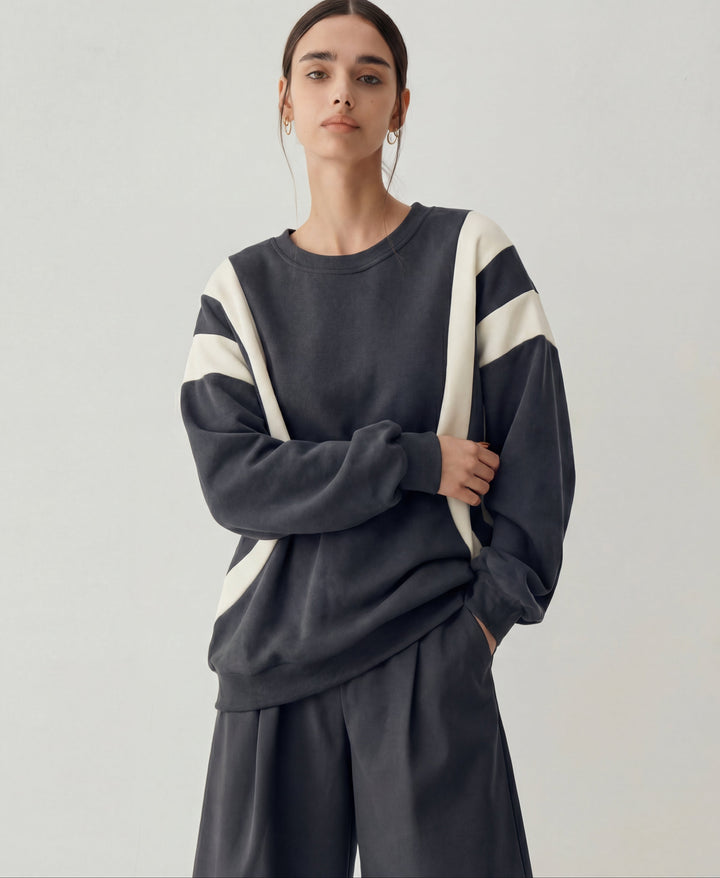 Women's Sweater with Round Neck and Stripe Sleeves