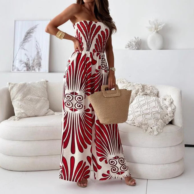 Women's Strapless Jumpsuit with Wide Legs and Abstract Print