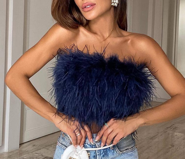 Women's Strapless Bandeau Top with Feather Trim