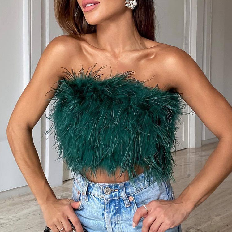 Women's Strapless Bandeau Top with Feather Trim