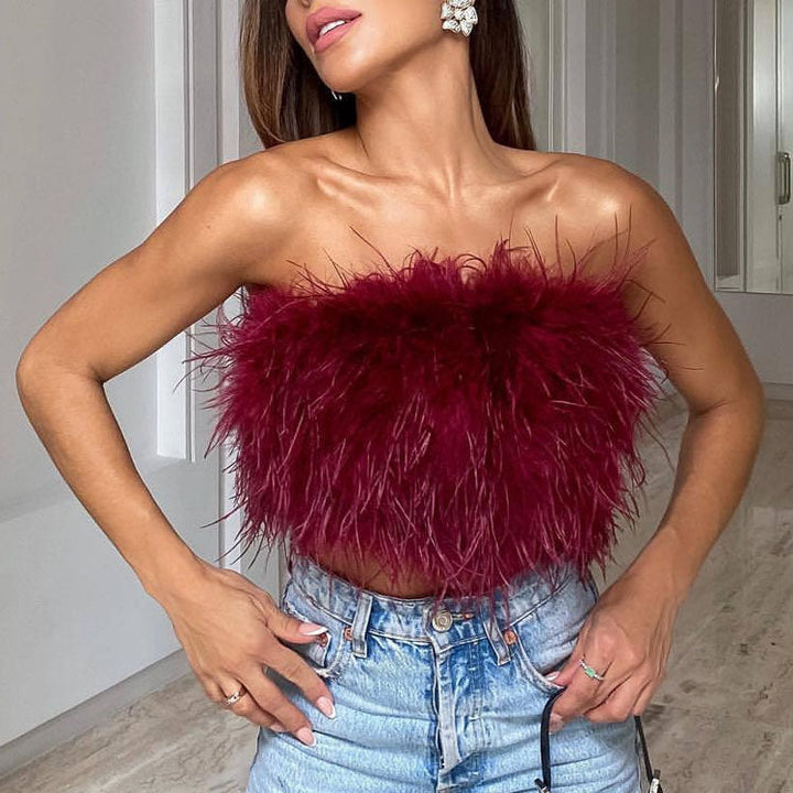 Women's Strapless Bandeau Top with Feather Trim