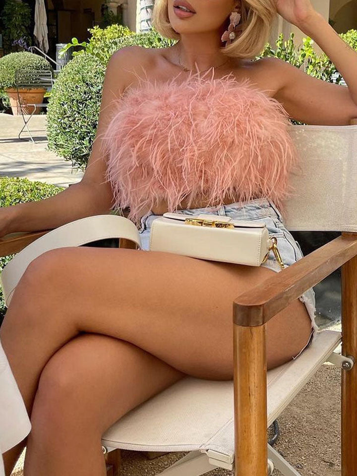 Women's Strapless Bandeau Top with Feather Trim