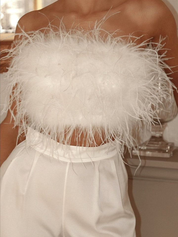 Women's Strapless Bandeau Top with Feather Trim