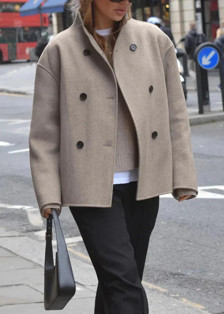 Women's Short Jacket with Stand-Up Collar and Contrast Buttons