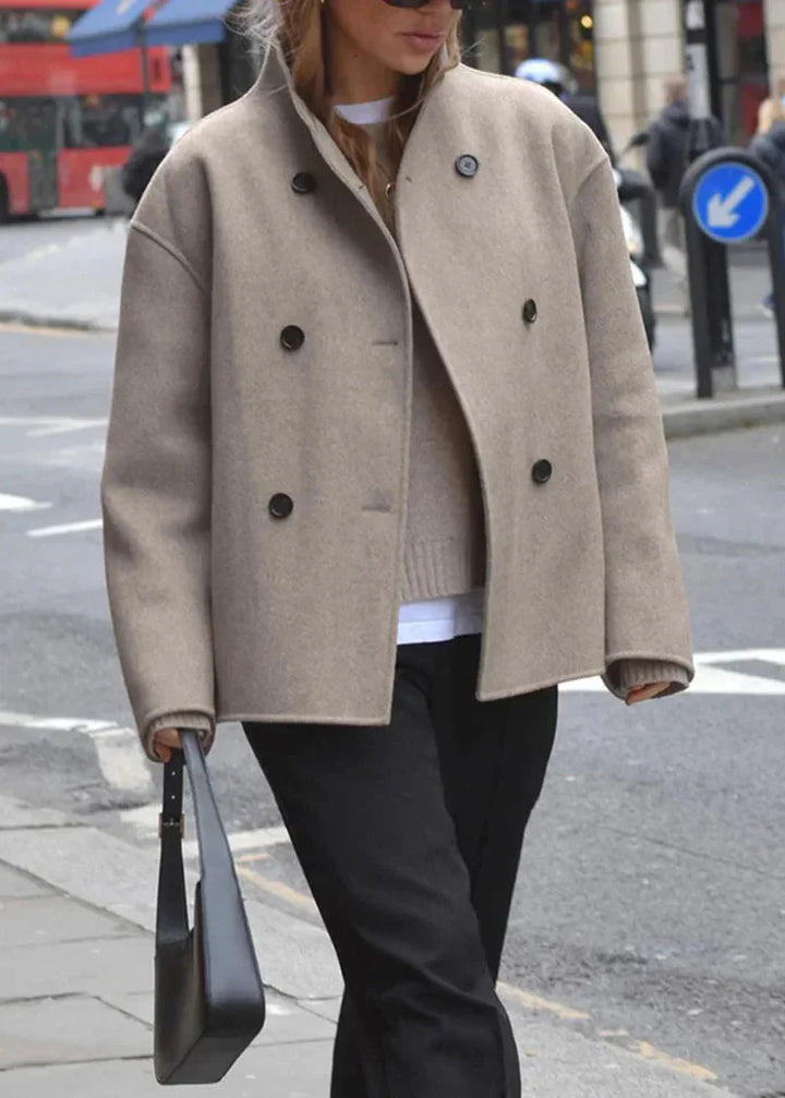 Women's Short Jacket with Stand-Up Collar and Contrast Buttons