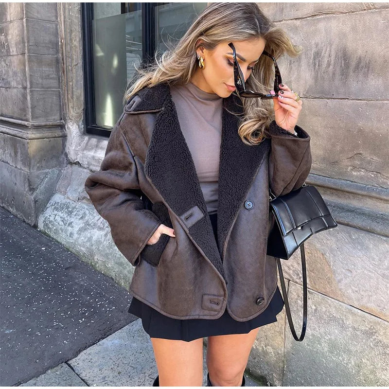 Women's Jacket with Faux Fur Collar and Button Closure