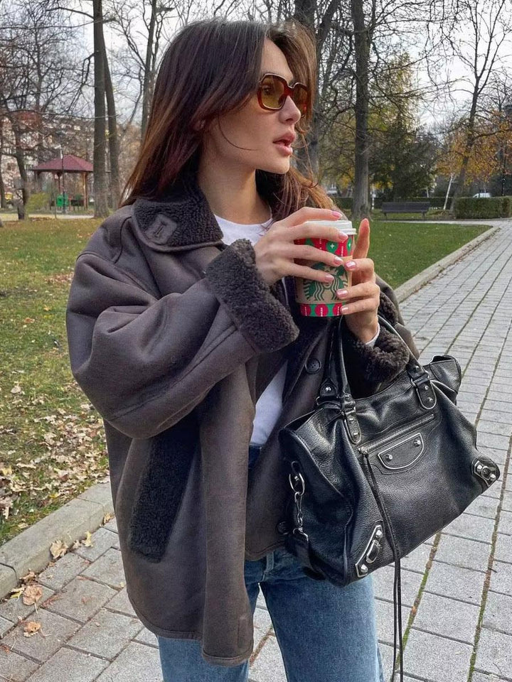 Women's Jacket with Faux Fur Collar and Button Closure