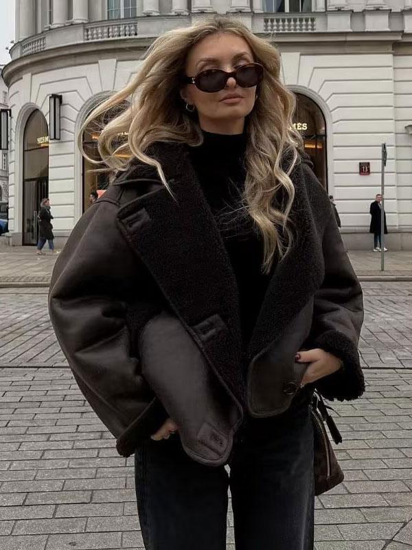 Women's Jacket with Faux Fur Collar and Button Closure