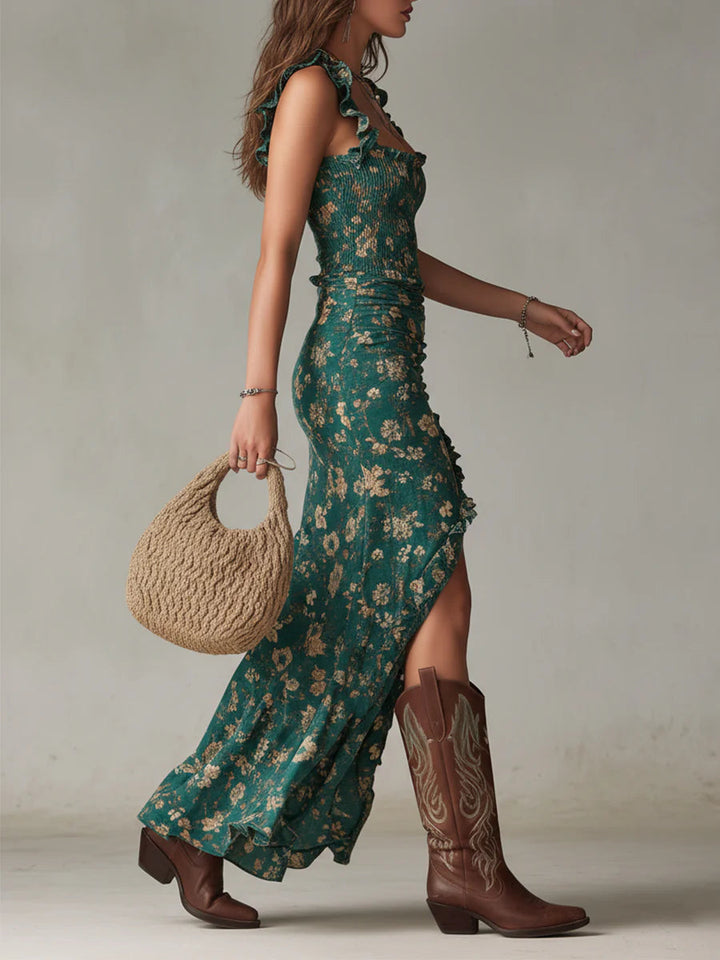 Delphine | Women's Bohemian Printed Ruffle-Sleeve Maxi Dress