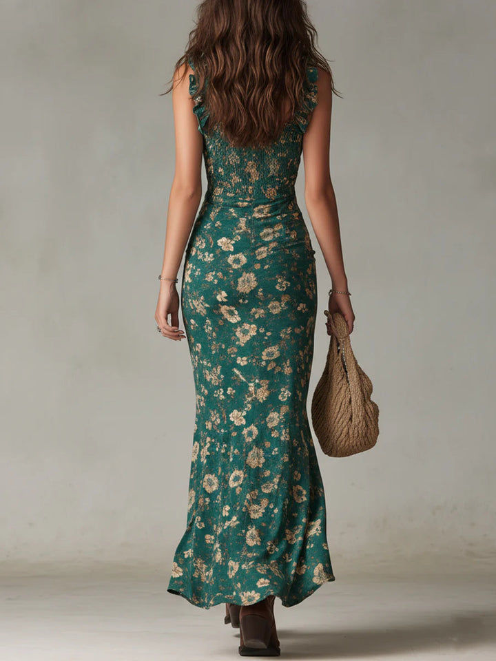 Delphine | Women's Bohemian Printed Ruffle-Sleeve Maxi Dress
